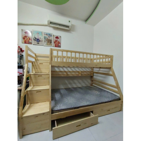 EU192 - Natural : Giường 2 Tầng, 2 Hộc Kéo + Cầu Thang Đảo Chiều, Giá Sách - Trên 1m / Dưới 1m4